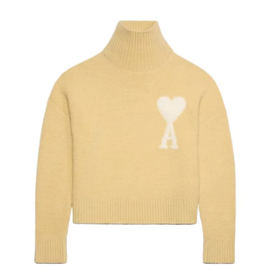 Ami Paris Yellow Heart Logo On Turtleneck Sweater