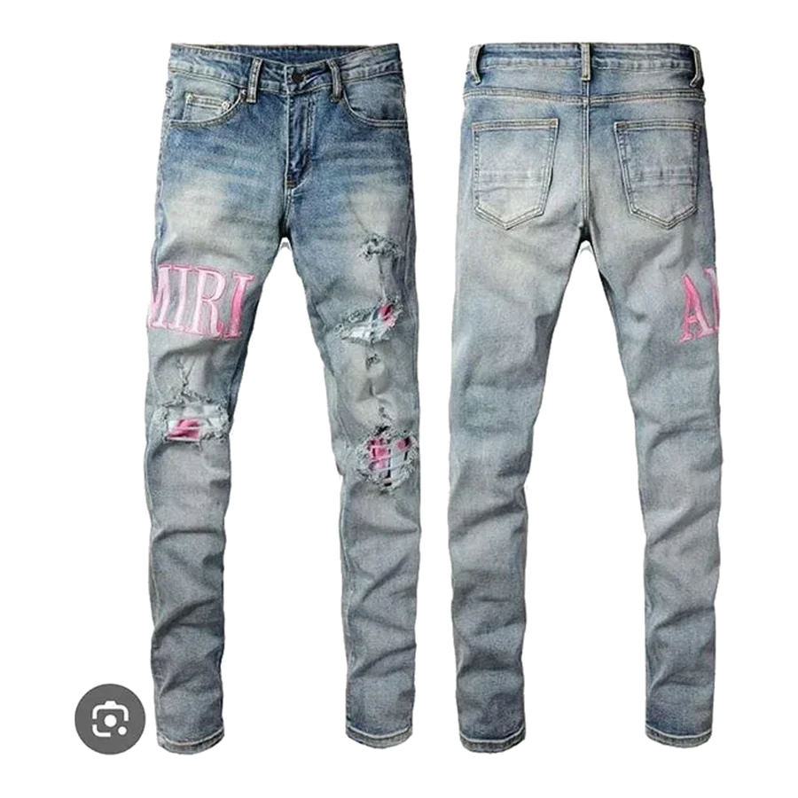 Amiri Light Blue Distressed Pink Logo Jeans