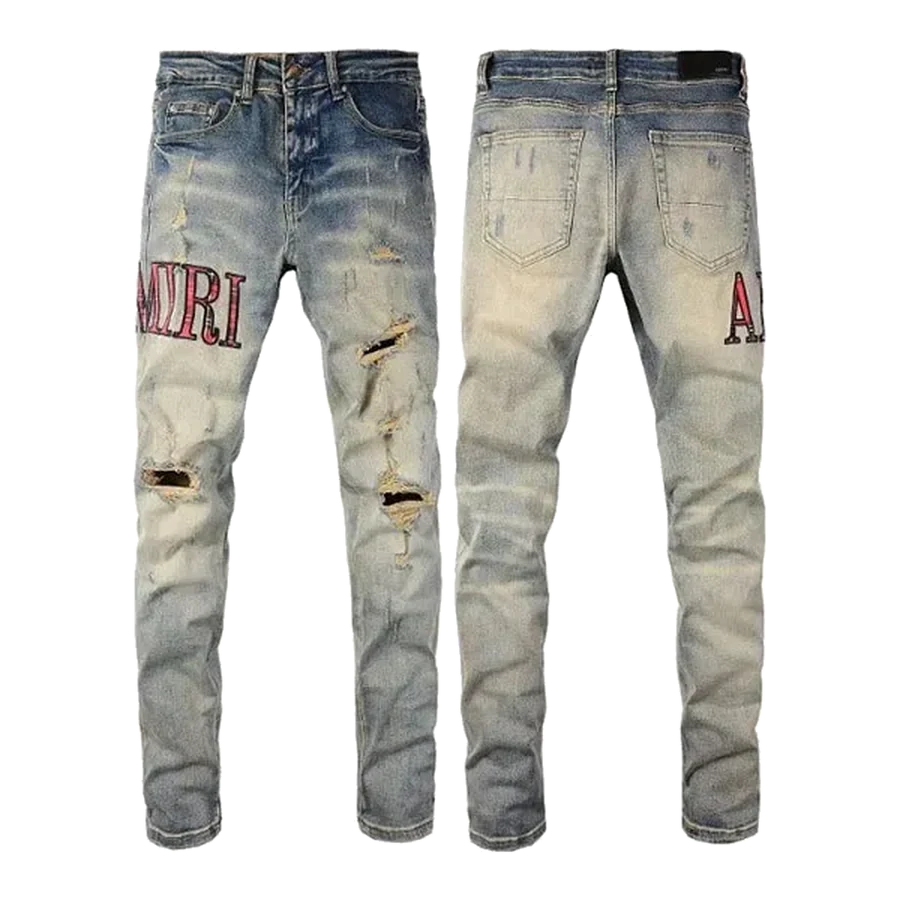 Amiri Blue Distressed Logo Patch Jeans