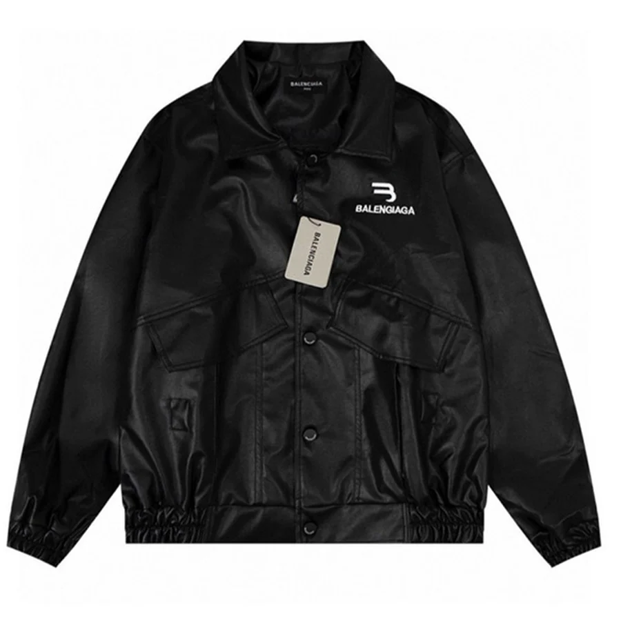 Black Leather Logo Bomber Jacket Jacket — Black