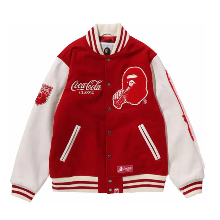 BAPE Red, White Varsity Jacket With Patches Jacket