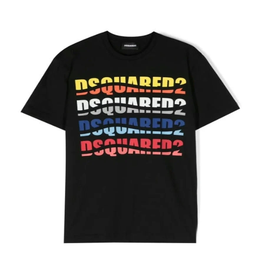 Black Stacked Wavy Colorful Logos T-Shirt — Black