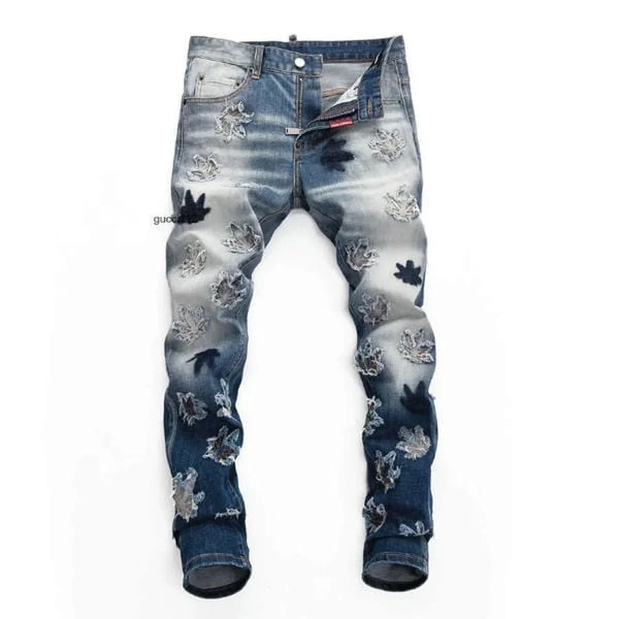 DSQUARED2 Blue, White Distressed With Maple Leaves Jeans