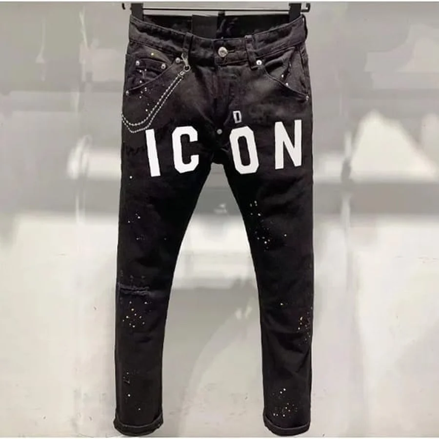 Black Distressed Denim With Large Text Jeans — Black