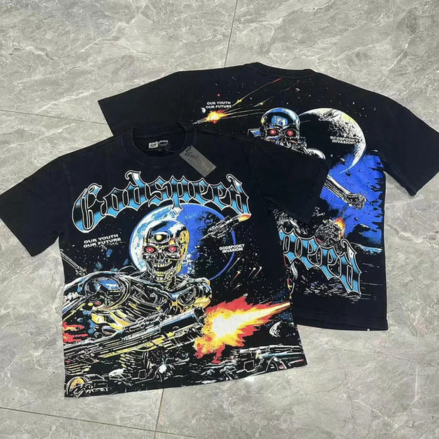 Olive Green Cyborg Skull Space Battle T-Shirt — Black