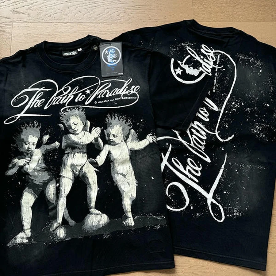Hellstar Black Cherub Graphic With Script Text T-Shirt