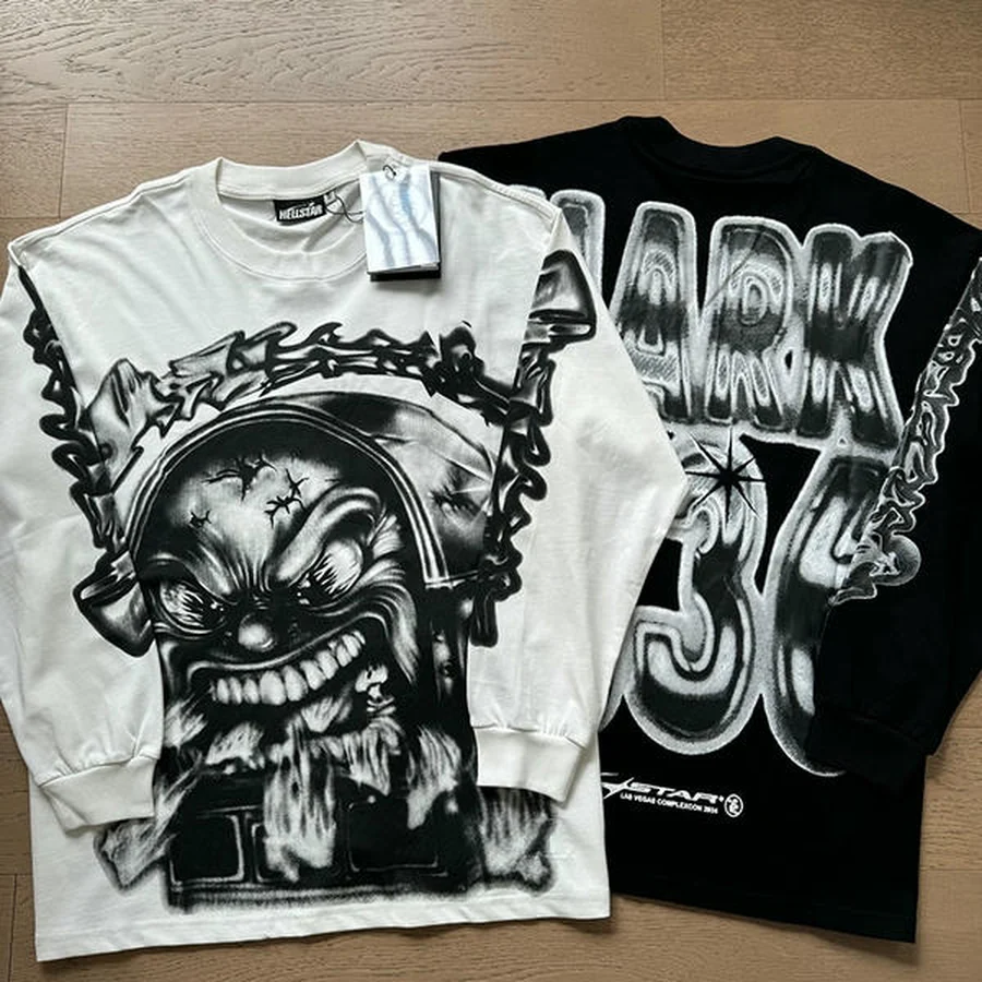 Hellstar White,Black Aggressive Clown Face, Airbrushed Text T-Shirt
