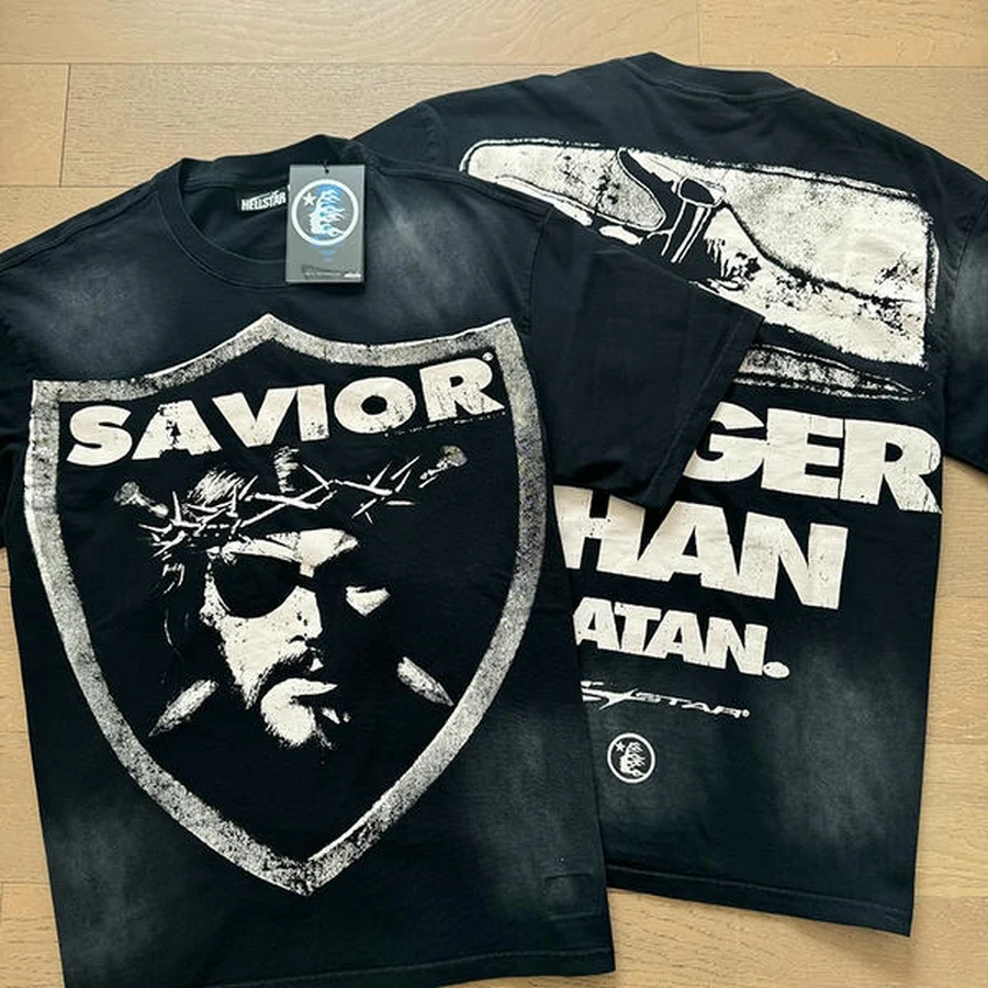 Hellstar Black, White Jesus With Eye Patch Shield Graphic T-Shirt