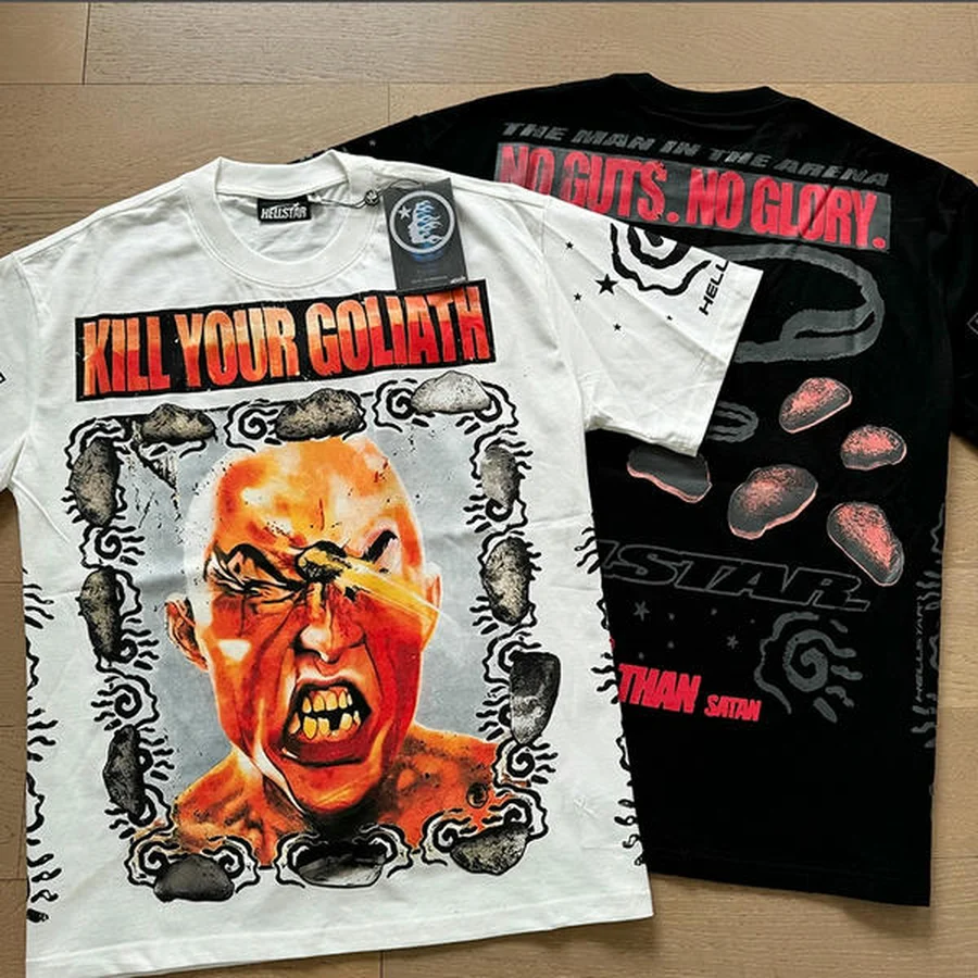 Hellstar White, Black Aggressive Face And Rocks T-Shirt