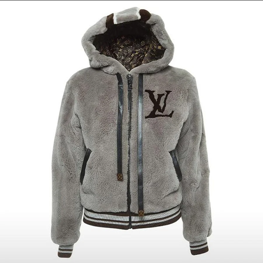 Louis Vuitton Grey Fuzzy Hooded Bomber Jacket Jacket