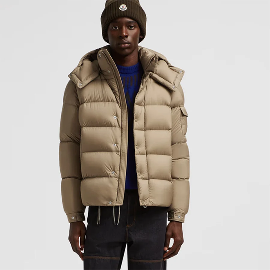 Black Quilted Puffer With Fur Hood Jacket — Beige