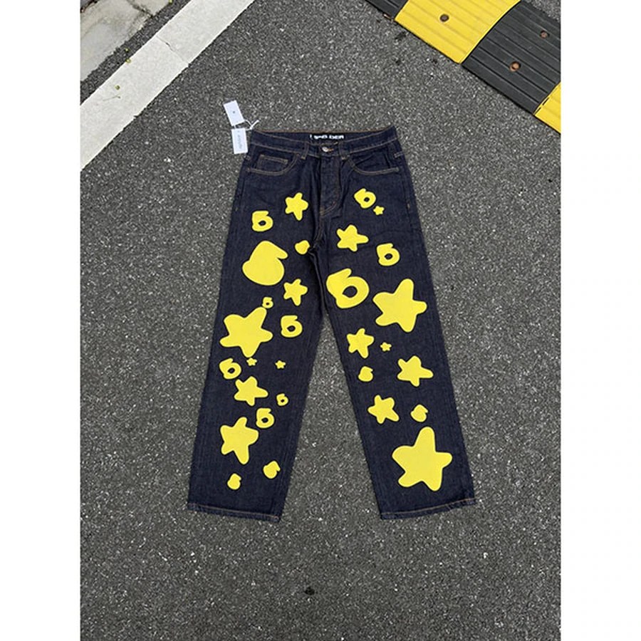 Sp5der Black Yellow Star Graphic Jeans