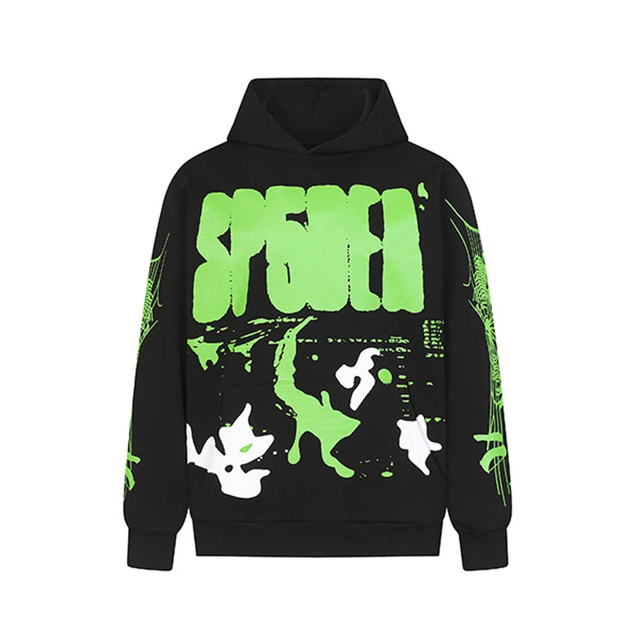 Sp5der Black Green Spider Bubble Logo Slime Spider Web Graphic Hoodie