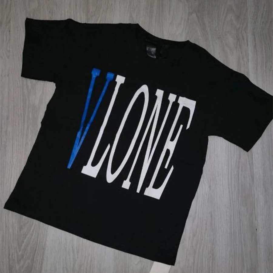 Black Large White And Blue Text T-Shirt — Black